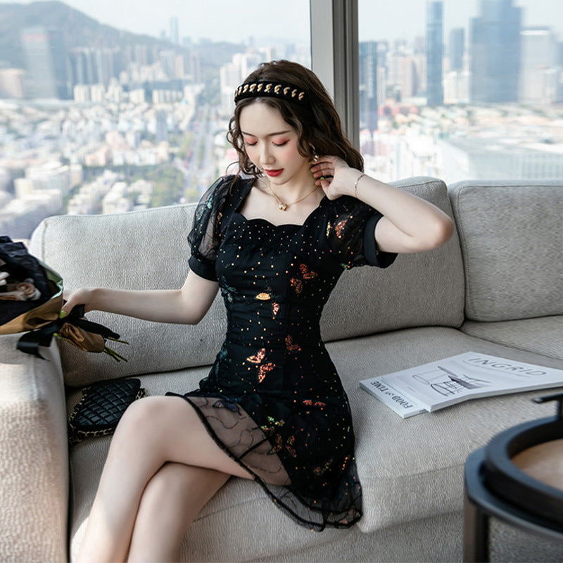 Butterfly Sequins Light Luxury French Style Square Collar Dress Female Summer Fairy Black Dress