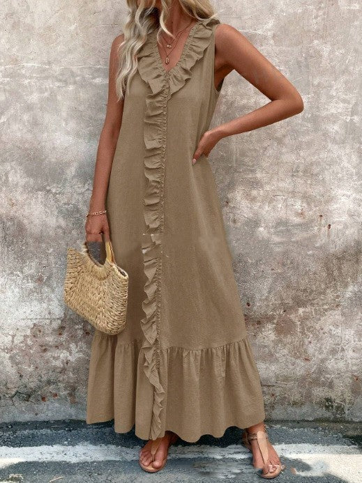 Solid Color Sleeveless Cotton Linen V-neck Swing Dress