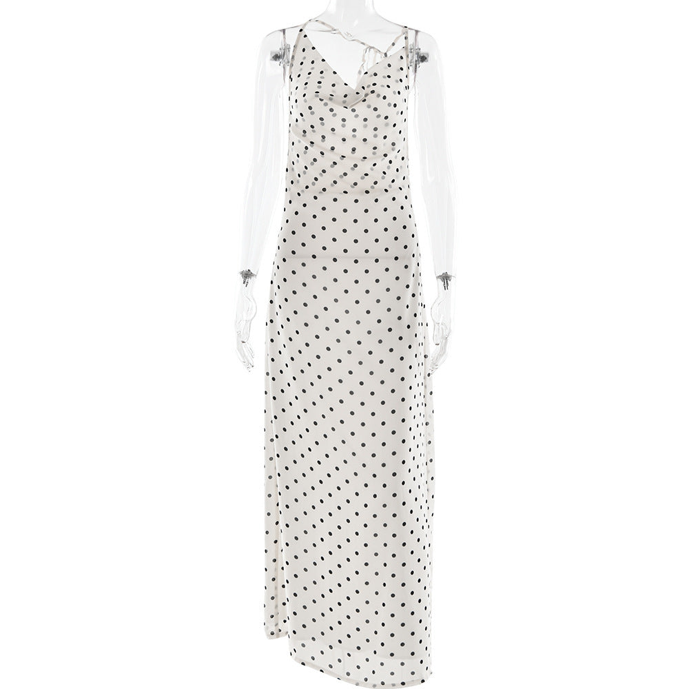 Polka Dot Sleeveless Chiffon Backless Swing Collar Dress