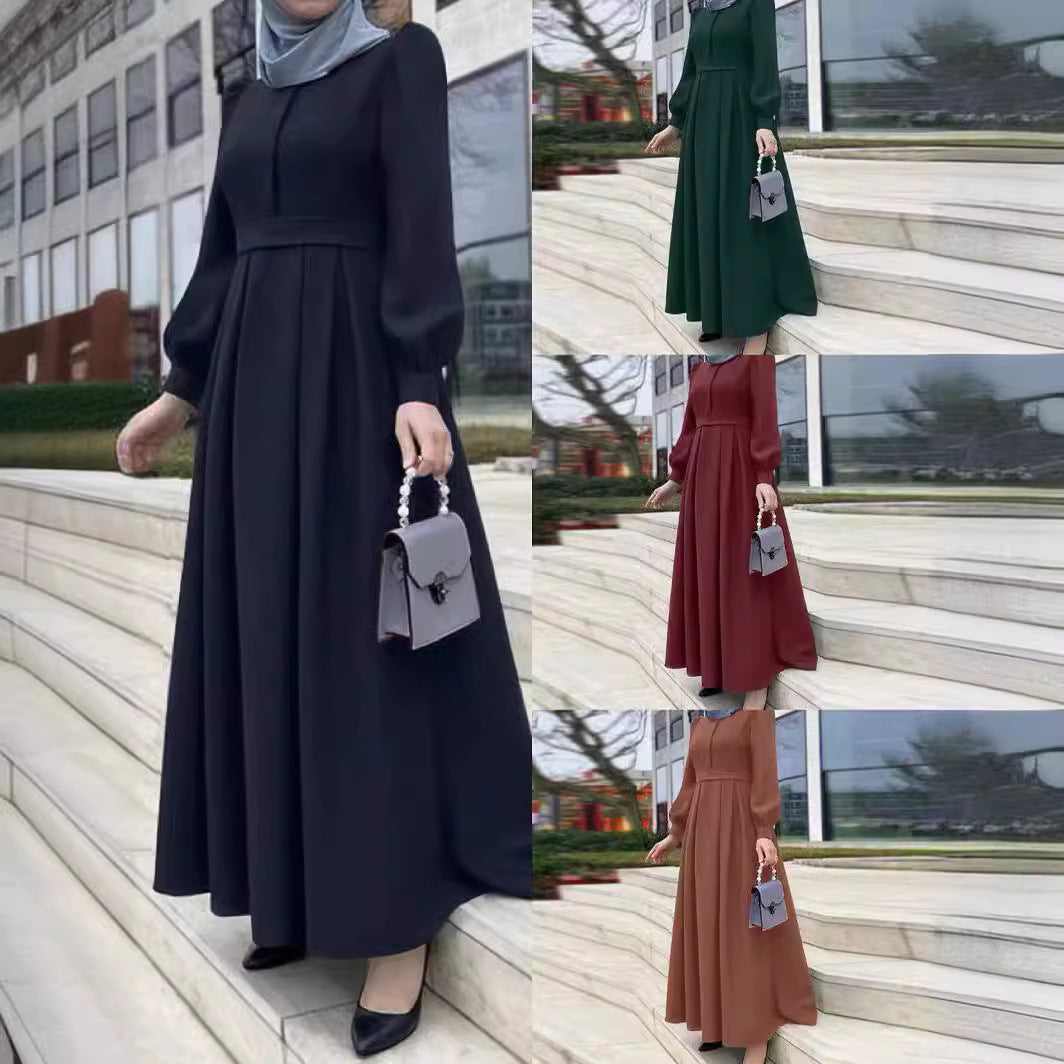 Casual Loose Solid Color Belt Zipper Muslim Long Dress