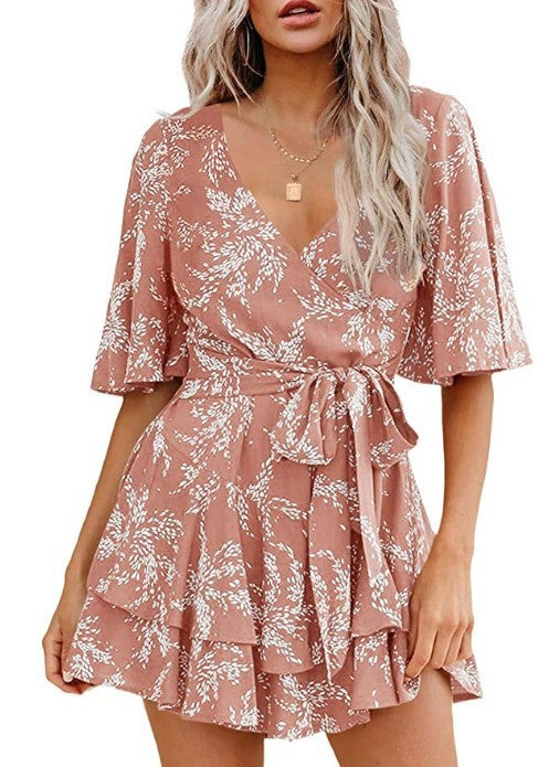 Floral V-neck Flare Sleeve Waist Belt-layer Pleated Dress