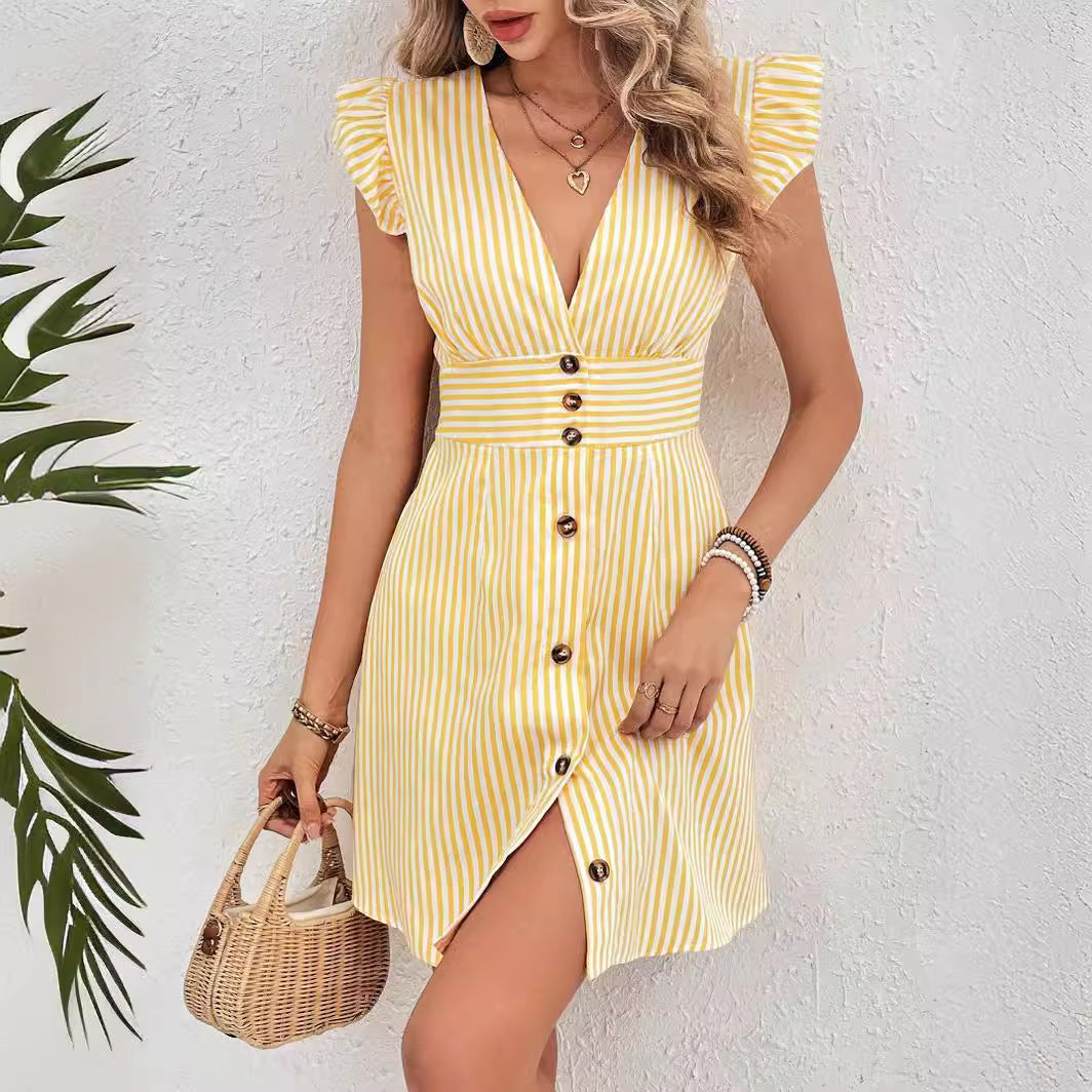 Women's Striped Printed V-neck Flying Sleeves Dress