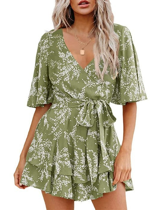 Floral V-neck Flare Sleeve Waist Belt-layer Pleated Dress