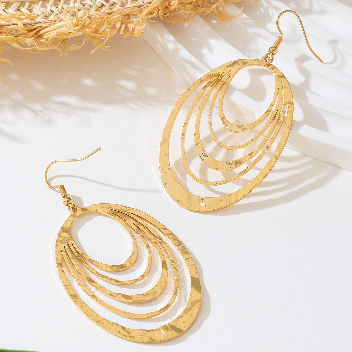 European And American Fashion Elegant 3 Layer Hollow Oval Shaped Big Gold-color Stainless Steel Dangle Drop Earrings