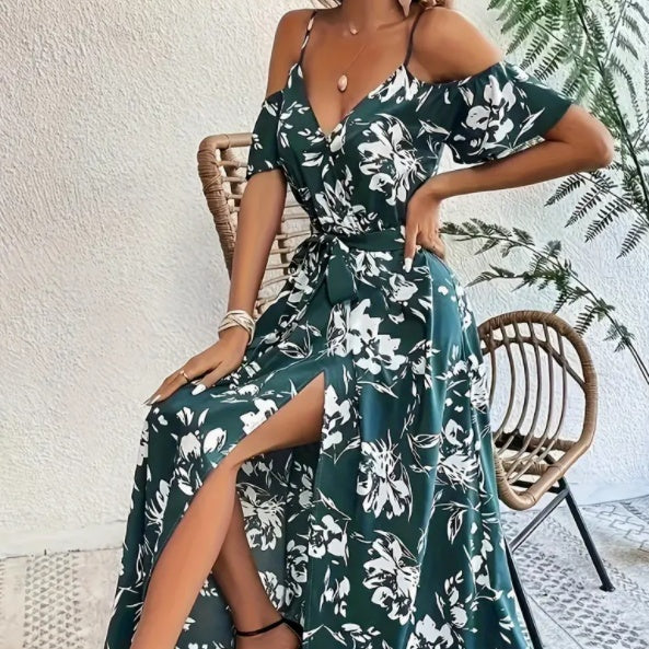 Flower Print Split Suspender Dress With Lace-up Design Summer Fashion Long Dresses Beach Clothing For Women