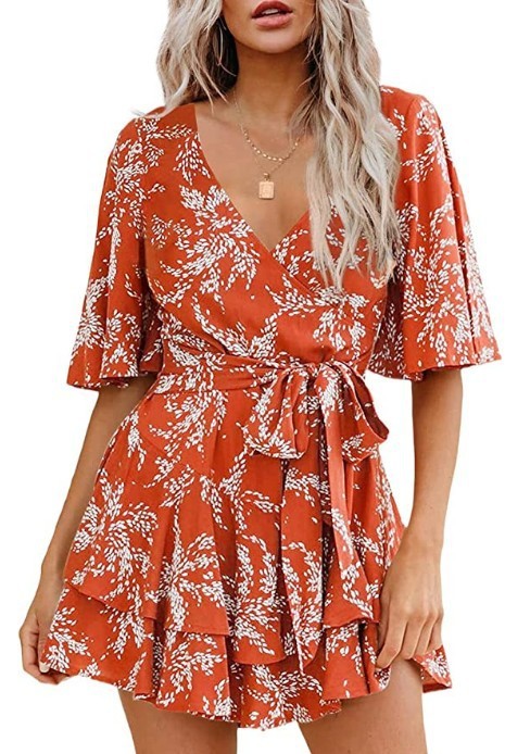 Floral V-neck Flare Sleeve Waist Belt-layer Pleated Dress