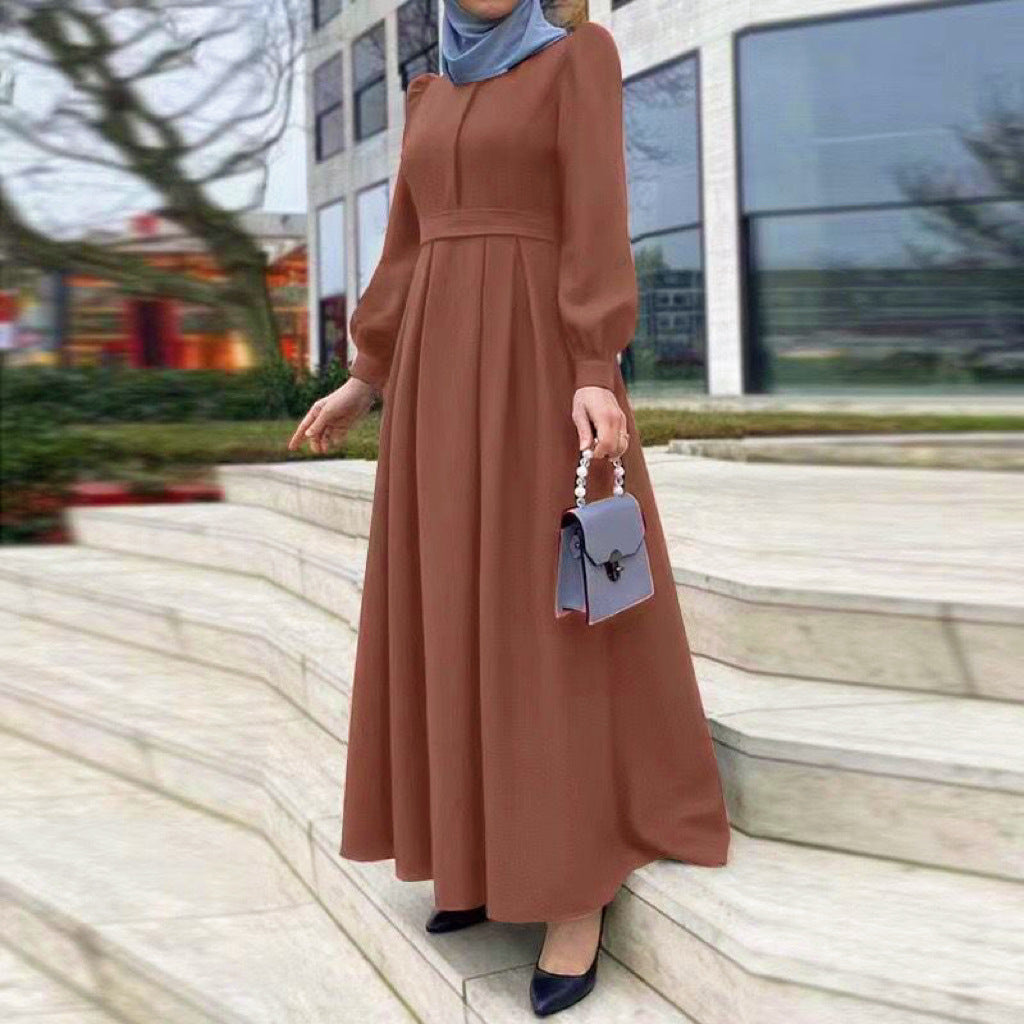 Casual Loose Solid Color Belt Zipper Muslim Long Dress