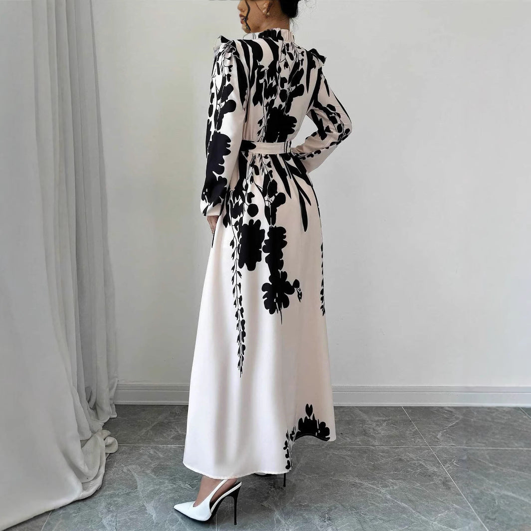 Women's Flower Waist Long Sleeve A- Line Dress