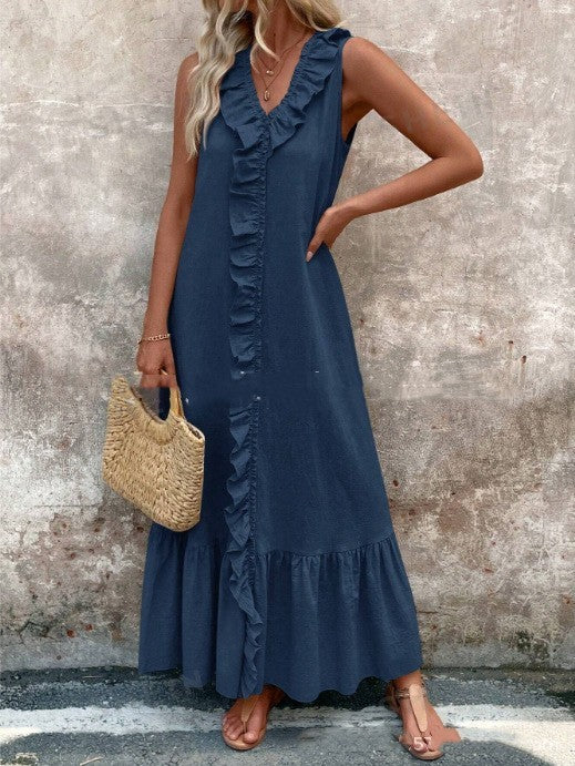 Solid Color Sleeveless Cotton Linen V-neck Swing Dress