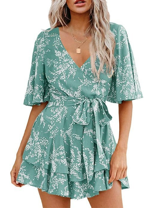 Floral V-neck Flare Sleeve Waist Belt-layer Pleated Dress