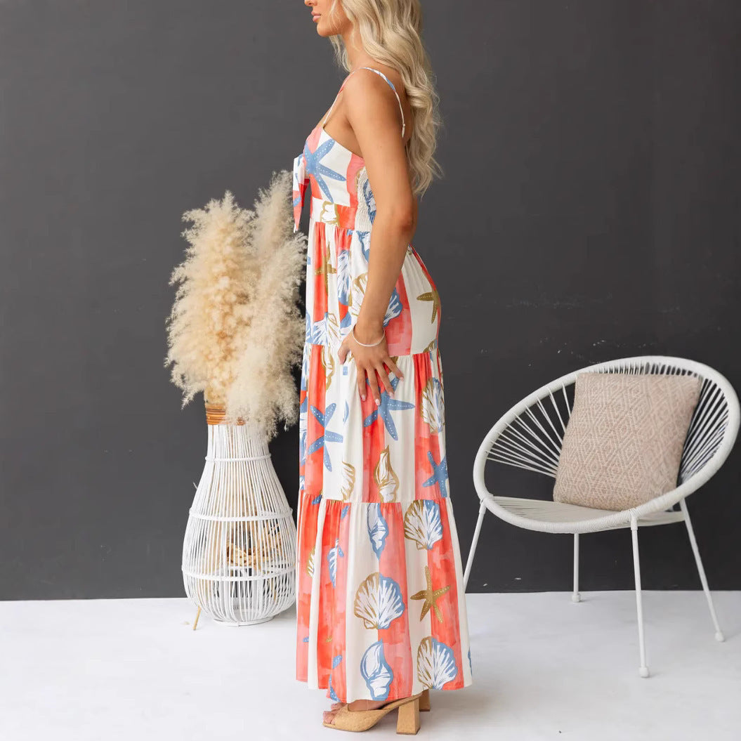 Sexy Print Lace-up Maxi Dress