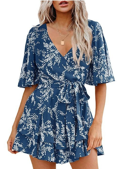 Floral V-neck Flare Sleeve Waist Belt-layer Pleated Dress