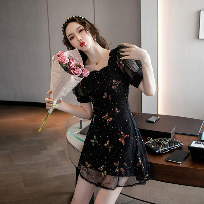 Butterfly Sequins Light Luxury French Style Square Collar Dress Female Summer Fairy Black Dress