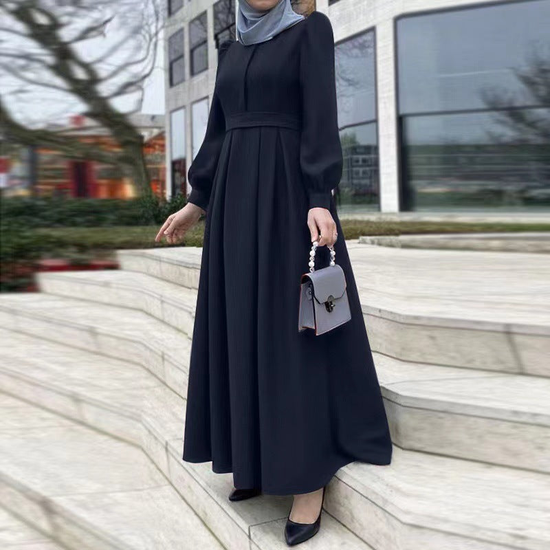 Casual Loose Solid Color Belt Zipper Muslim Long Dress